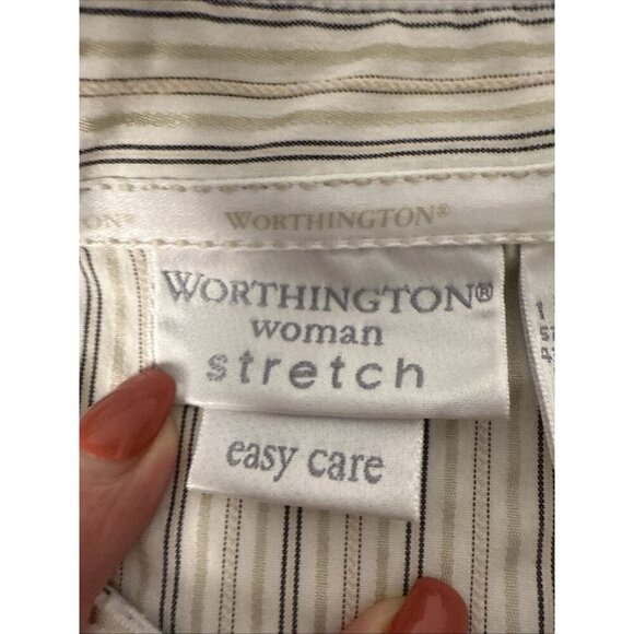 WORTHINGTON WOMEN'S TOP BLUE WHITE SIZE 1X STRETCH BUTTON UP BLOUSE 3/4 SLEEVE - Picture 5 of 11